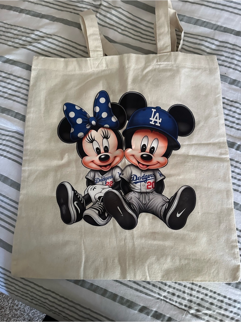 Disney Dodgers Minnie & Mickey Print Canvas Tote Bag - Cream/Blue